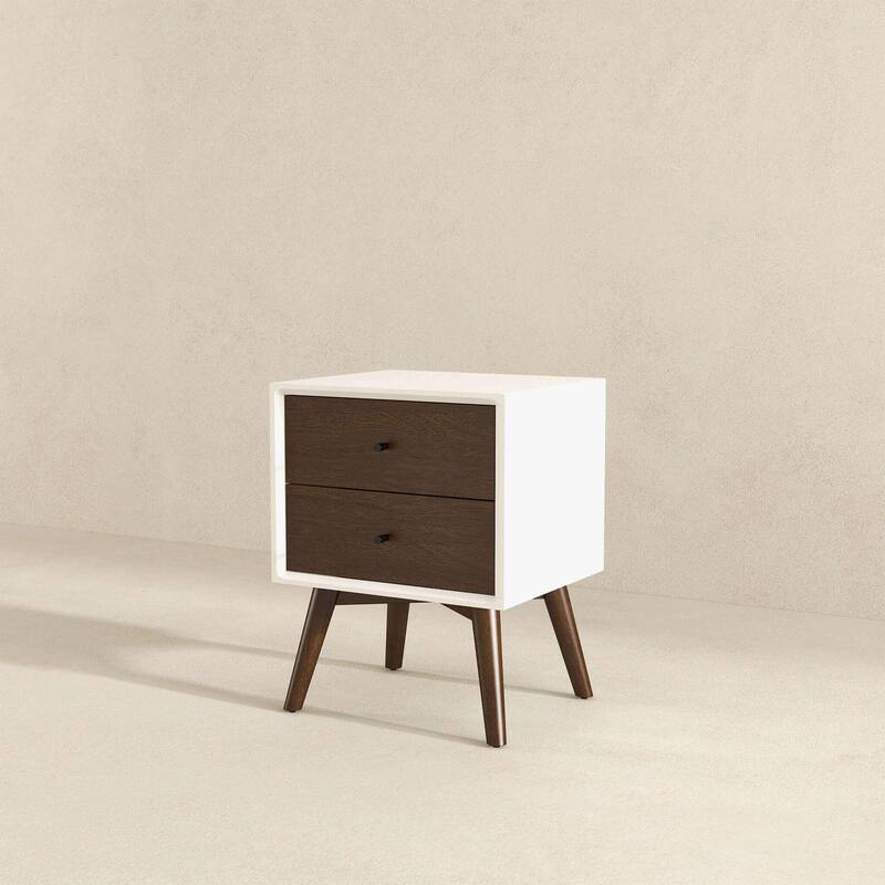 Mid Century Modern White Night Stand with 2 Drawers, Solid Wood, 23.6\