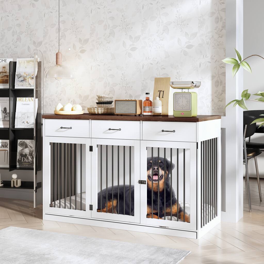Furniture Style Dog Crate with Storage Drawers, Large Dog Kennel Cabinet with Wood Top, Double Door Pet Crate End Table