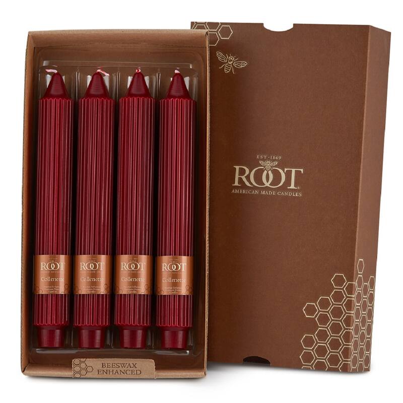 Root Unscented Grecian Collenette Taper Candles box of 4 - 9 X 1-1/4 - Garnet