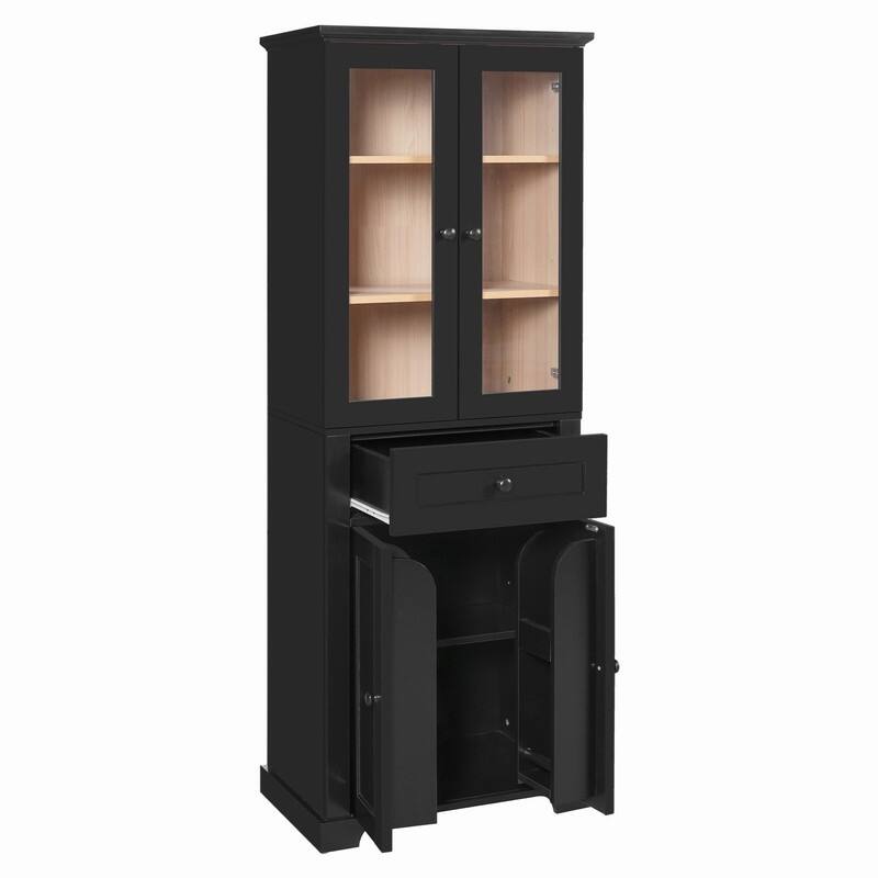 Modern 67.2"H Bathroom Storage Cabinet with Glass Doors Adjustable Shelves and Soft-Close Drawer