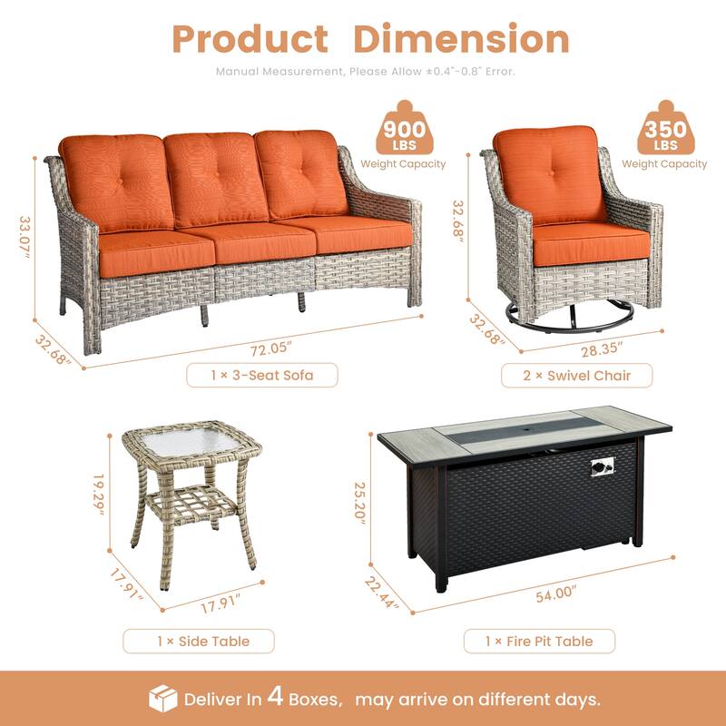 XIZZI 5-Piece Wicker Patio Furniture Set with Sofa, Swivel Chairs & Fire Pit