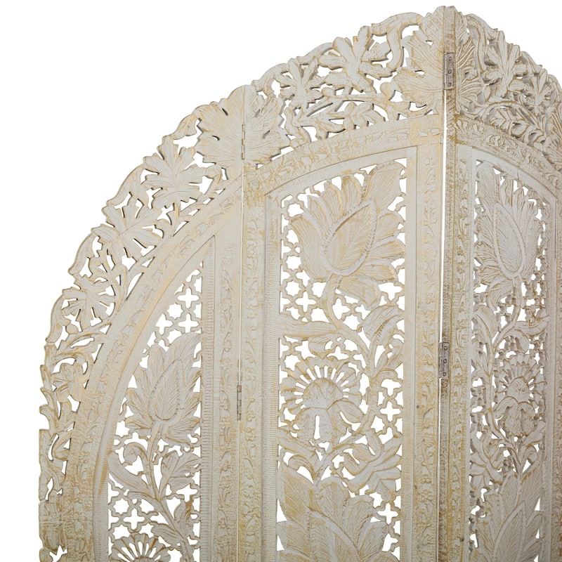 Wood Floral Handmade Foldable Arched 4 Panel Room Divider Screen with Intricately Carved Designs - White - Roche River Decor