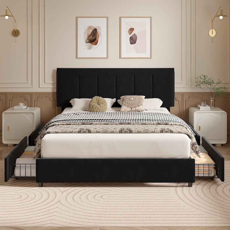 VECELO Bed Frame with 4 Storage Drawers, Upholstered Platform Bed Frame with Adjustable Headboard