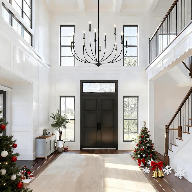 Oriea Modern Transitional 2-Tier 12-Light Black Wheel Chandelier for Large Living Dining Room Entryway - Dia. 48.8" x H 31.5"