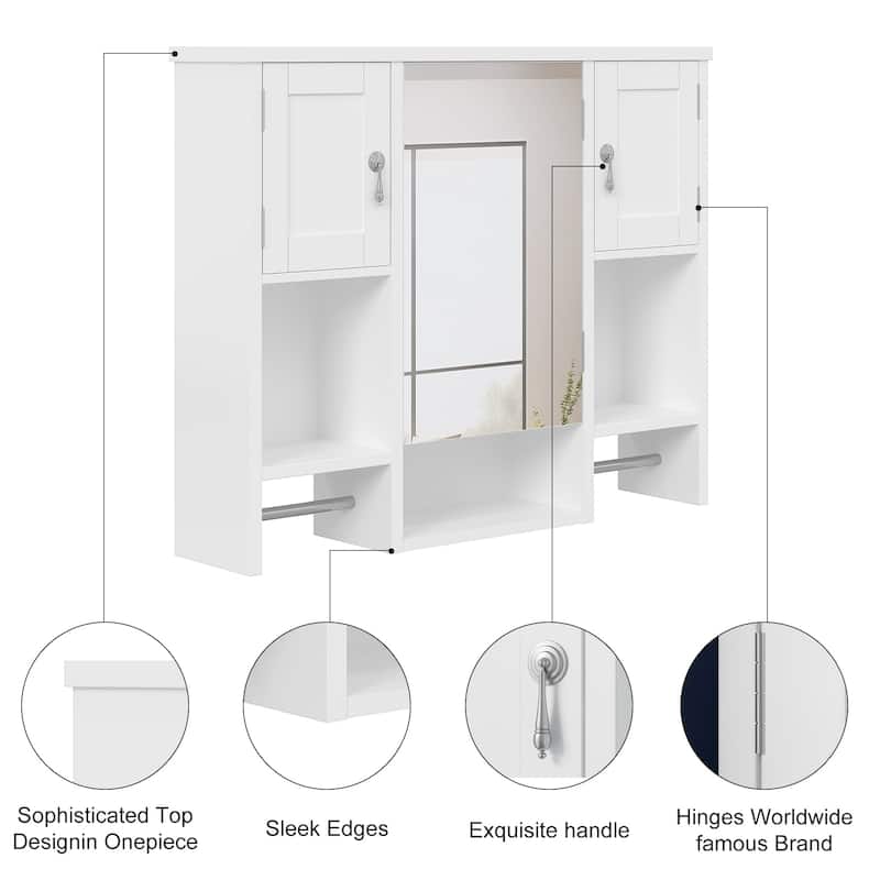 VECELO Bathroom Medicine Mirror Cabinet Wall Mounted Bathroom Storage Adjustable Shelf with 2 Towel Bars & Silver Hardware