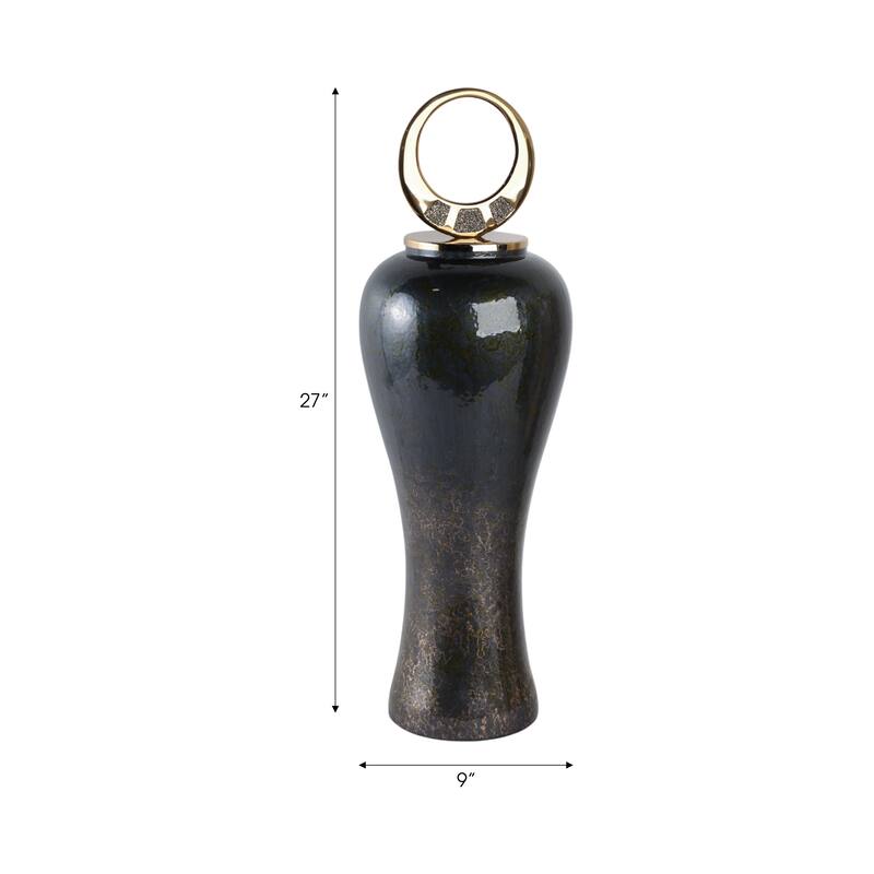 Glass Vase with Modern Sculptural Metal Brass Accent and Stone Detail