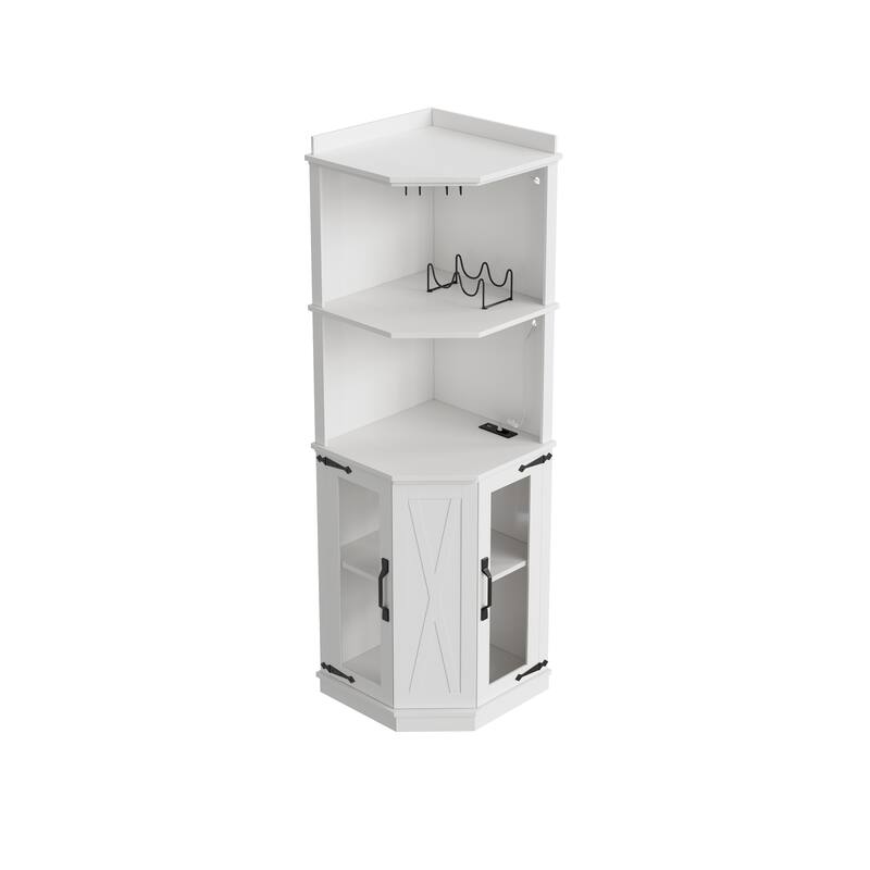 67.3" Corner Kitchen Bar Cabinet Farmhouse Wine Bar Cabinet with Power Outlet, LED Lights, Glass Rack & Adjustable Shelves