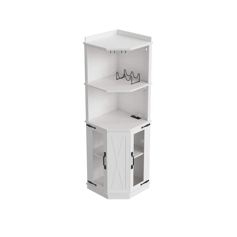 Corner Bar Cabinet with Power Outlet & Adjustable Shelves, Freestanding Wood Storage Cabinet with Barn Door & Glass Rack