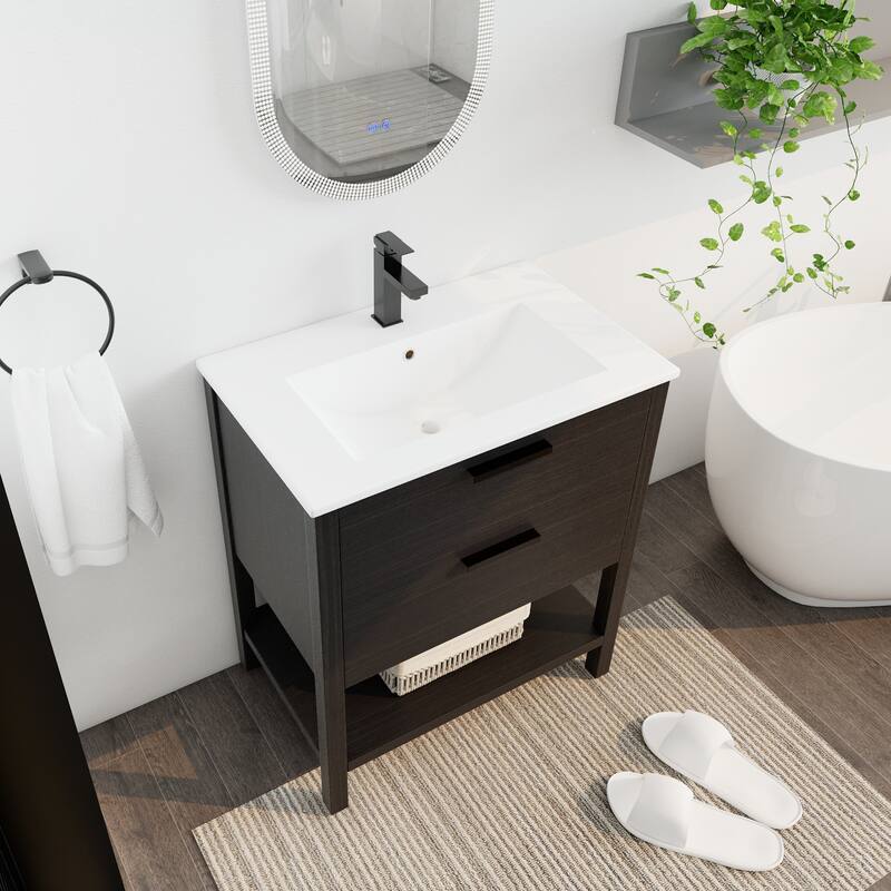 30" Bathroom Vanity with Ceramic Sink, Freestanding, Soft Closing Drawers, 4 Wood Feet, Durable and Water-Resistant