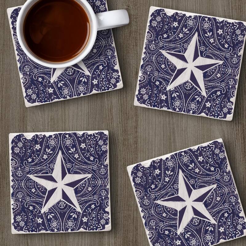 Blue Bandana Star 4-Pack Tumbled Tile Stone Coasters with Protective Cork Backing Manufactured in The USA