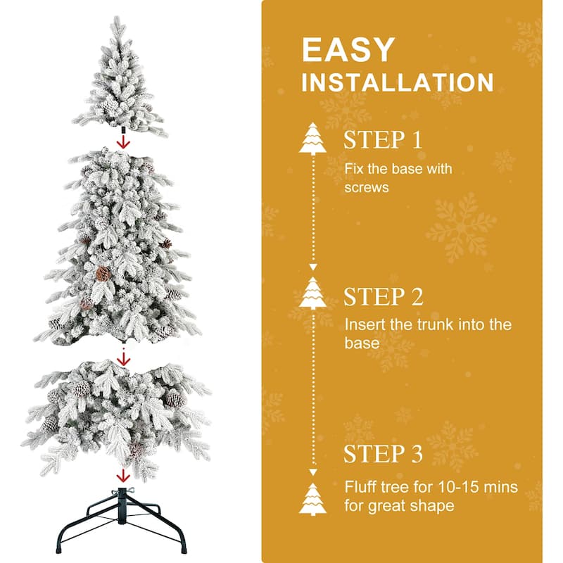 Flocked PE/PVC Christmas Tree - Pine Cones, Hinged Branches, Metal Stand, Snowy Look - White+Green