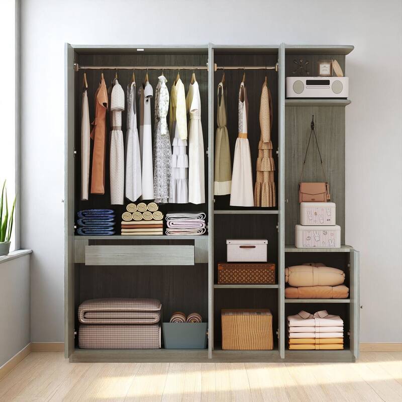 Modern Particle Board Wardrobe with Mirror, 2 Hanging Rails, 1 Drawer, Shelves and Safety Lock, 65.9" Tall