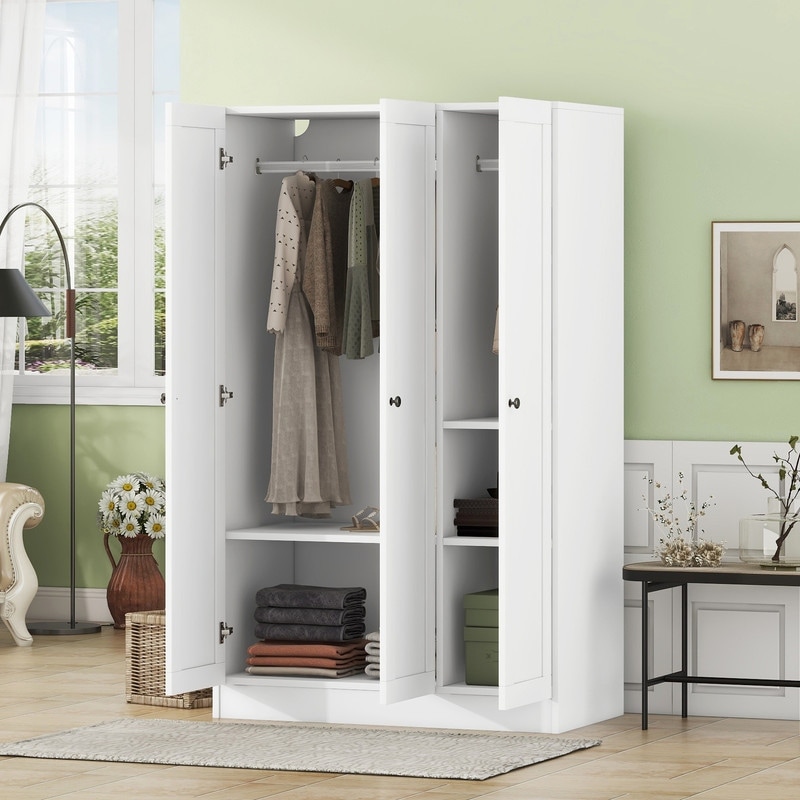 3 Door Shutter Wardrobe with Shelves and Hanging Rod Wardrobe Armoire Closet w 3 Doors Wood Clothes Storage Cabinet Organizer On Sale Bed Bath Beyond 40141907
