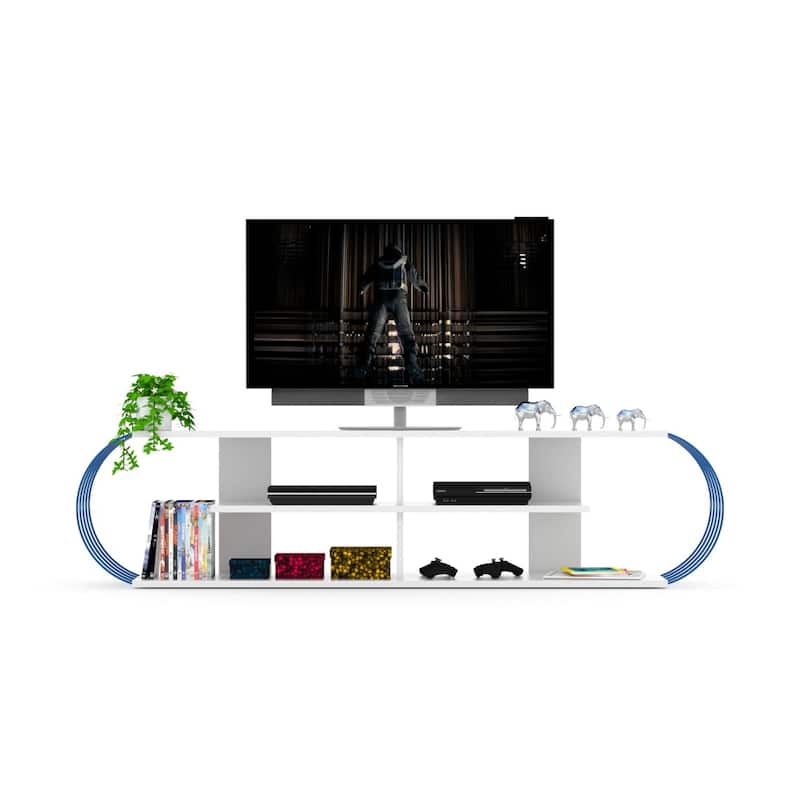 Casemiro Mid Century Modern Tv Stand 4 Shelves Open Storage Entertainment Centre 68 inch Tv Unit - White-Blue