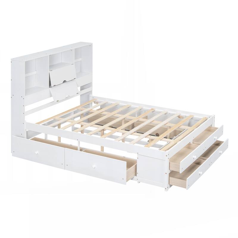 Queen Size Platform Bed with Storage Headboard and 8 Drawers