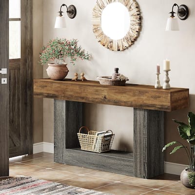 63 Inches Brown/ Gray Wood Hallway Table, Farmhouse Console Table for Entryway
