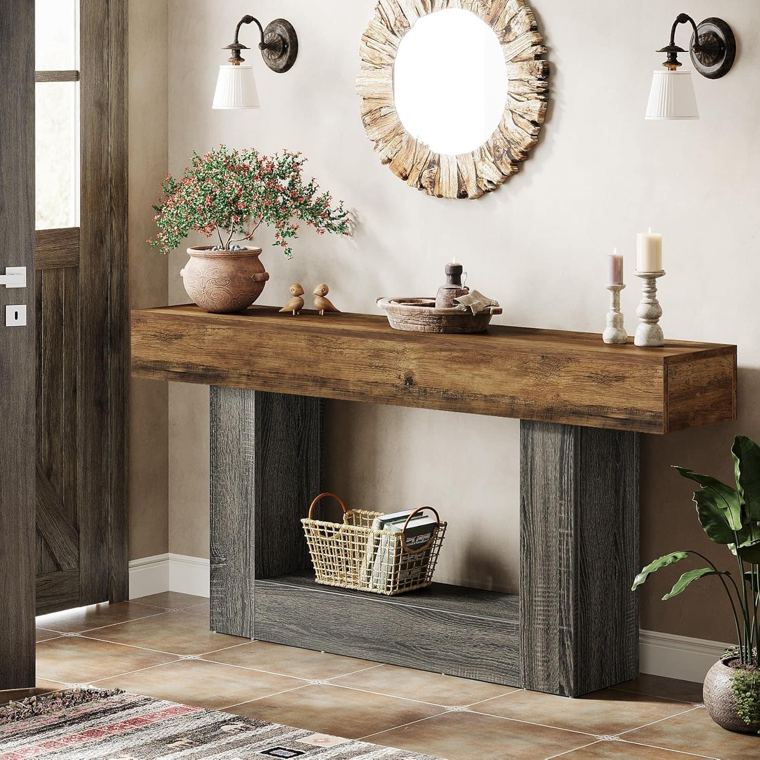 63-Inch Entryway Console Table, 2-Tier Farmhouse Wood Sofa Table for Foyer, Living Room, Hallway