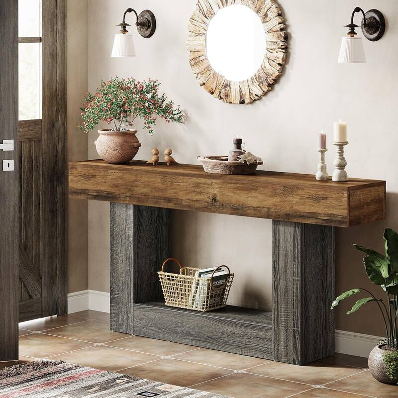63 Inches Console Table, Farmhouse 2 Tiers Entryway Table, Sofa Table