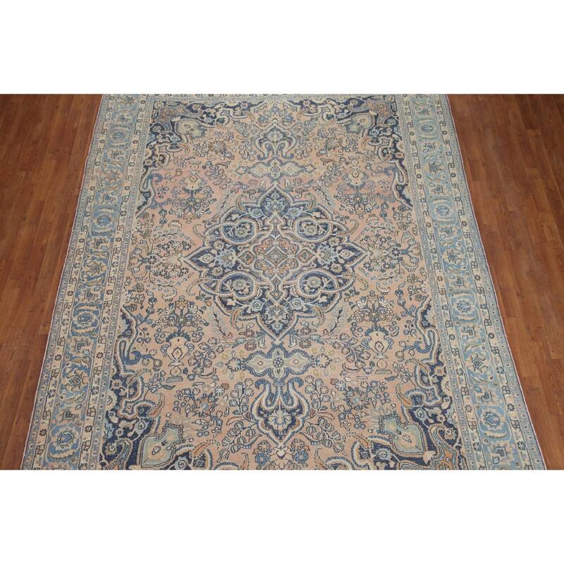 Hand Knotted Oriental 100% Wool Carpet Traditional Floral Peach Mashad Area Rug - 11' 6'' X 7' 11''