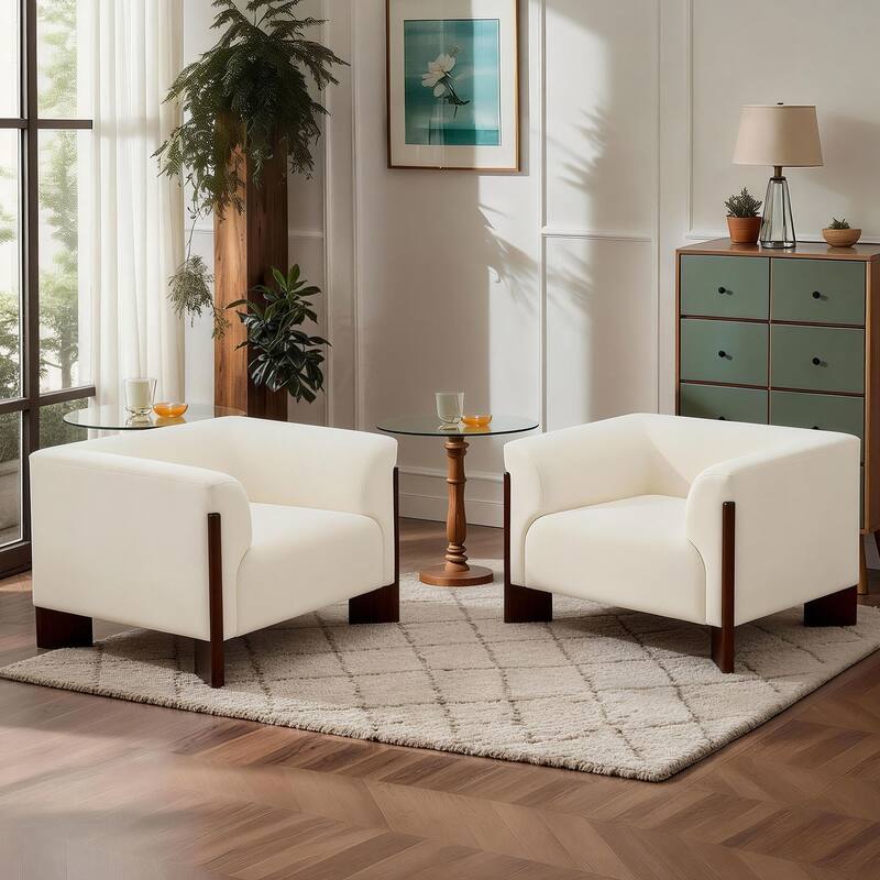 Upholstered Nordic Wide Seat Tuxedo Arms Barrel Chair Set of 2 - Beige-Chenille