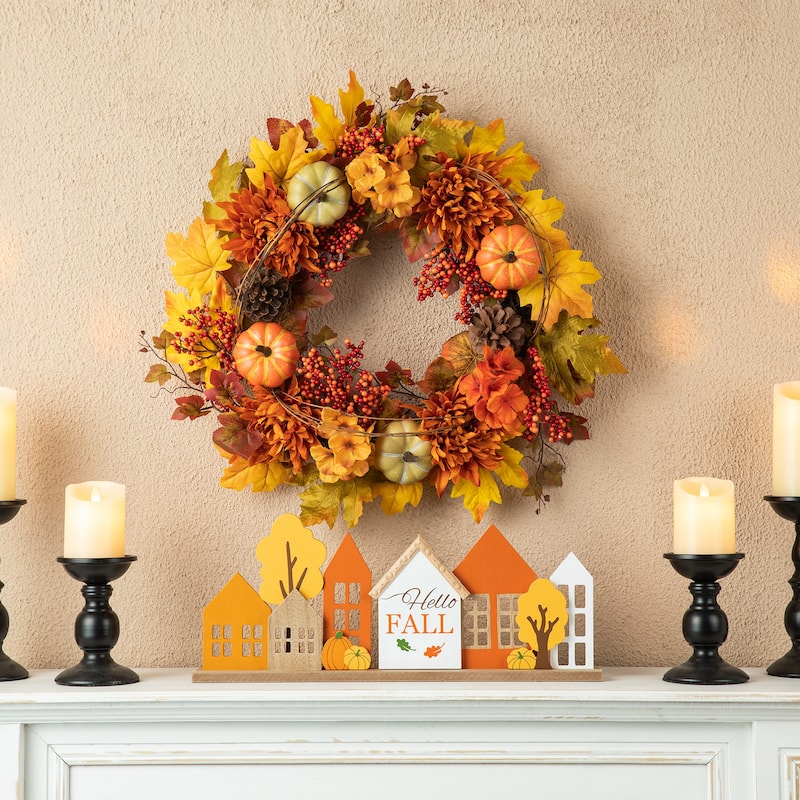 Glitzhome 27"H Fall Dahlia Pumpkin Leaf & Berry Swag Wreath with Hanger