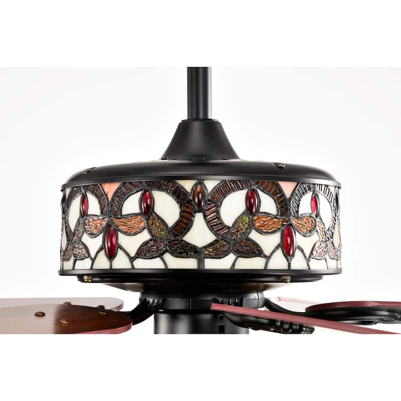 Lars Black Tiffany Style Two Tiered Lighted Ceiling Fan White and Copper Shade with Remote Control - WhiteCopper