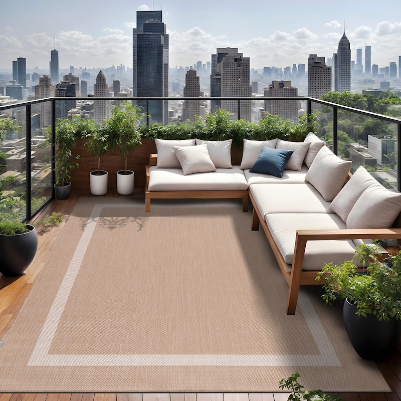 Beverly Rug Modern Bordered Indoor Outdoor Rug, Outside Carpet for Patio, Deck, Porch