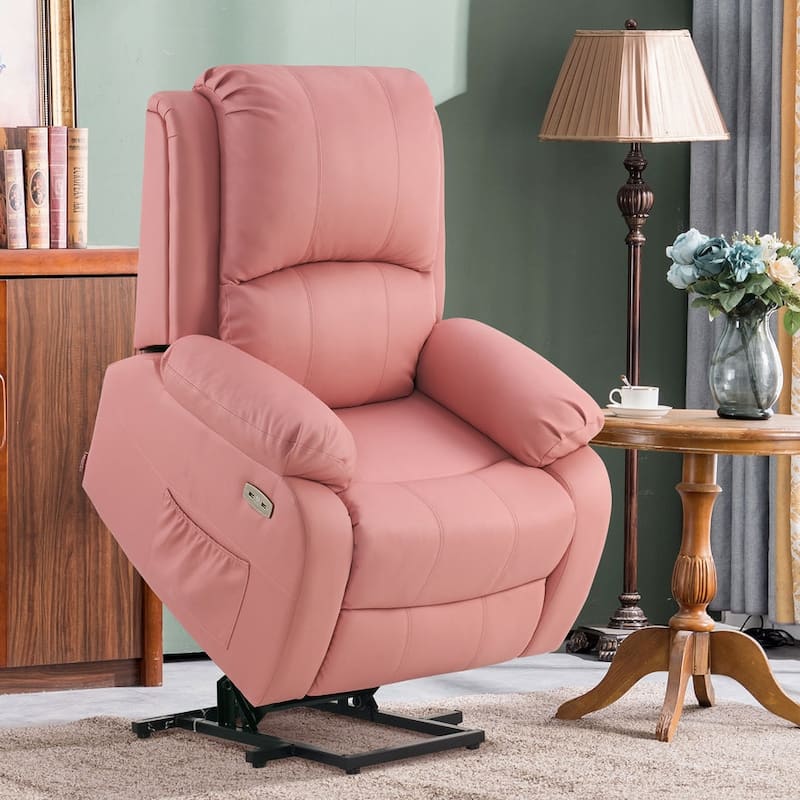 MCombo Small Sized Power Lift Recliner Chair with Massage and Heat, USB Ports, Faux Leather 7409 - Pink