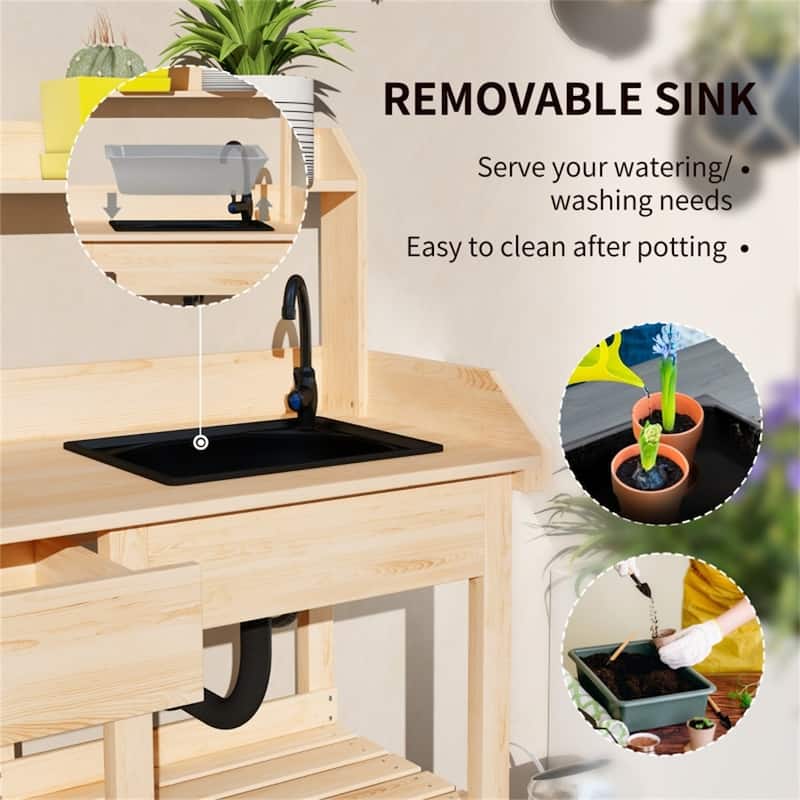Garden Work Bench with Sink, Faucet, Storage Shelves & Hooks - 45.25" W x 17.75" D x 48.5" H