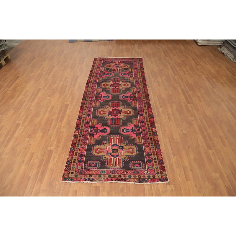 Hand Knotted Oriental 100% Wool Carpet Traditional Geometric Pink Meshkin Runner Rug - 10' 11'' X 4' 1''