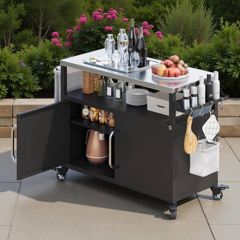 54.5" Outdoor Kitchen Island with Stainless Steel Tabletop, Metal Grill Cart with Storage Cabinet, Spice Rack & Lockable Wheels