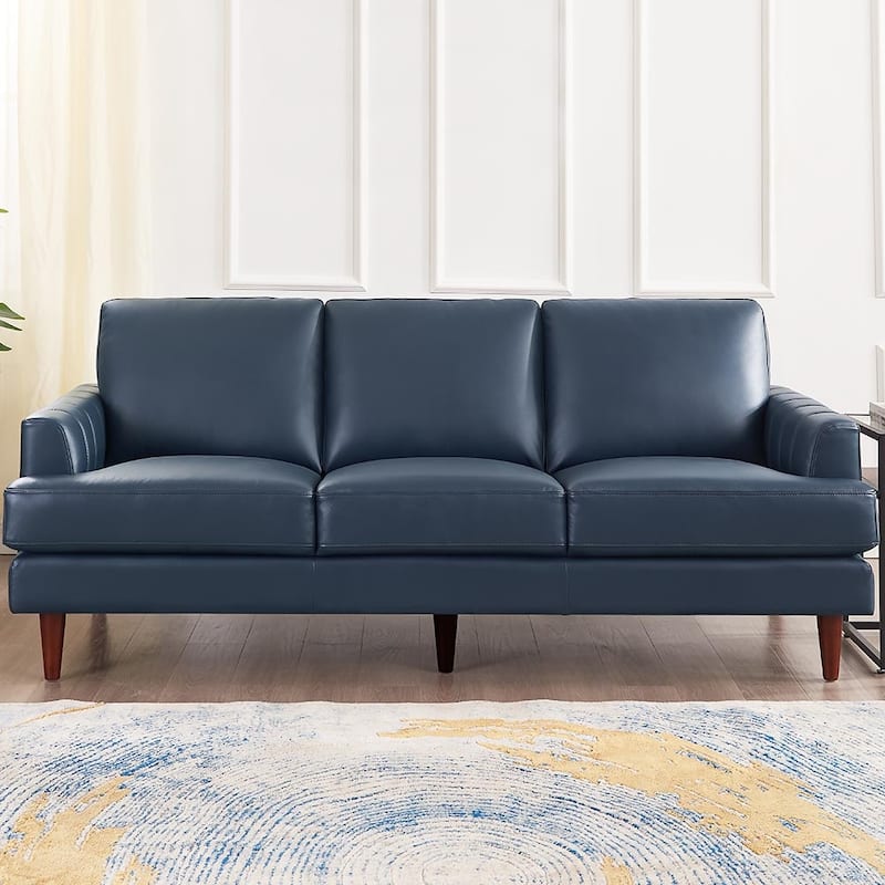 Ivy Living Cassia Top Grain Leather Sofa With Feather, Memory Foam and Springs - Navy Blue