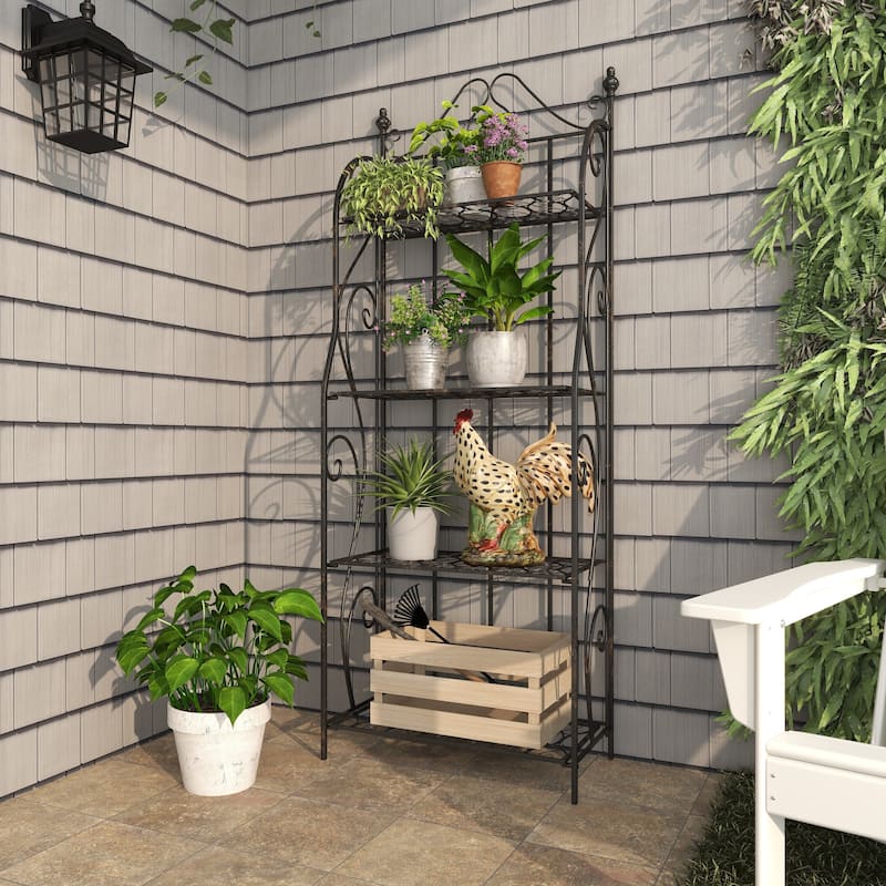 Metal Scroll Indoor Outdoor Tall Folding 4 Shelf Bakers Rack - Black - Roche River Decor