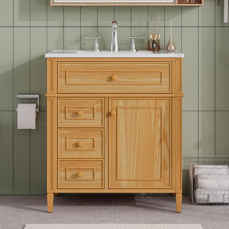 30" Bathroom Vanity with Ceramic Sink, Solid Pine Wood Frame Freestanding Vanity - 30inches