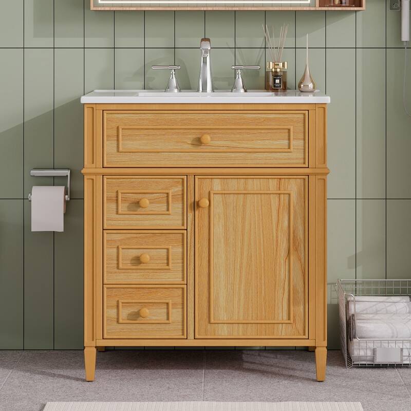 Roomfitters 30" Bathroom Vanity with Sink, Solid Wood Frame, Flip-Out Drawer, 2 Soft-Close Drawers & Door - Wood