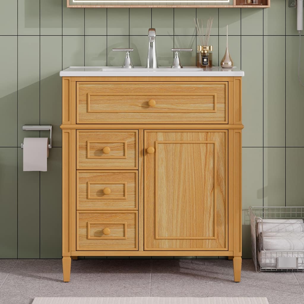 Rossetta 30" Modern Elegant Wooden Freestanding Bathroom Vanity Cabinet with Flip-Out Drawer and Sink
