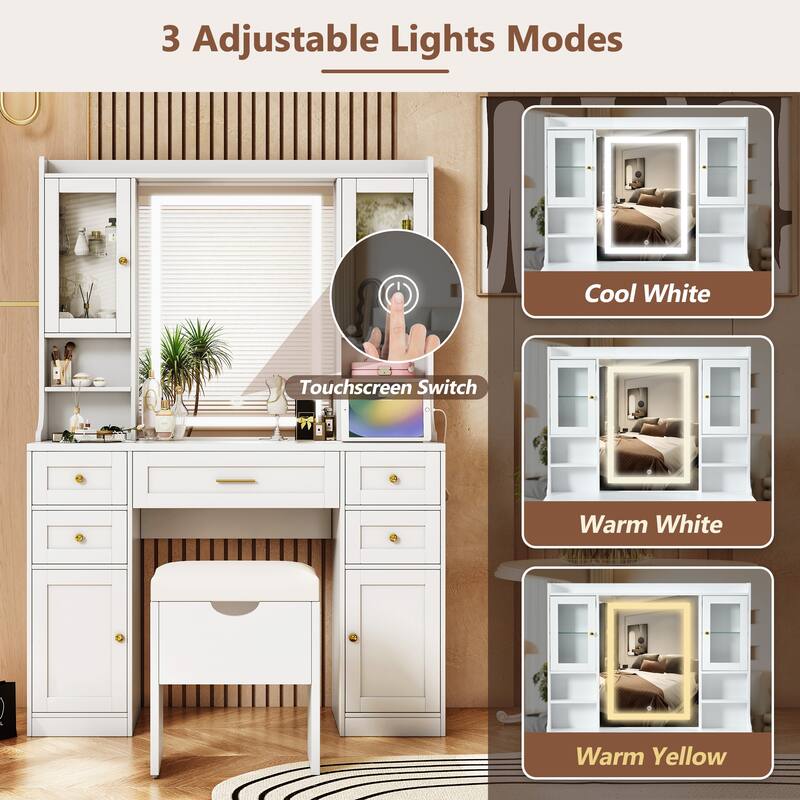 41.4" Makeup Vanity Desk with Mirror and Lights, Dressing Table with Charging Station and Cushioned Storage Stool