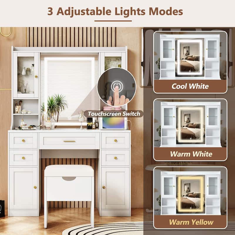 41.4" Makeup Vanity with Mirror & Lights, 5 Drawers, 4 Cabinets, Charging Station & Storage Stool for Bedroom