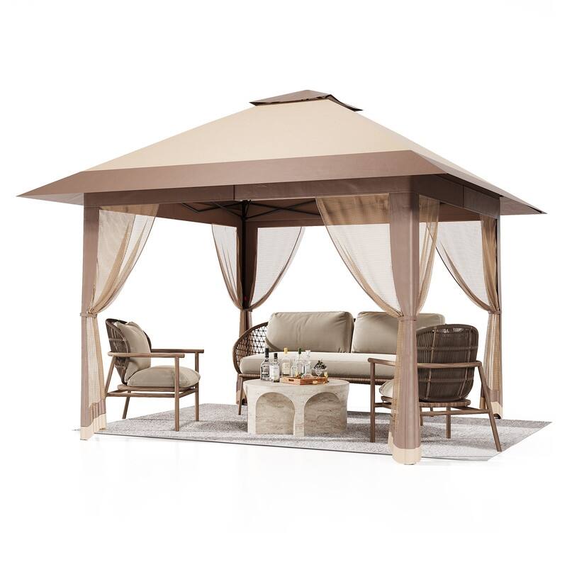 13' x 13' Pop Up Gazebo, Outdoor Canopy Tent with Mosquito Netting & Double Roof, Ez Up Event Tent with Wheeled Bag - Khaki