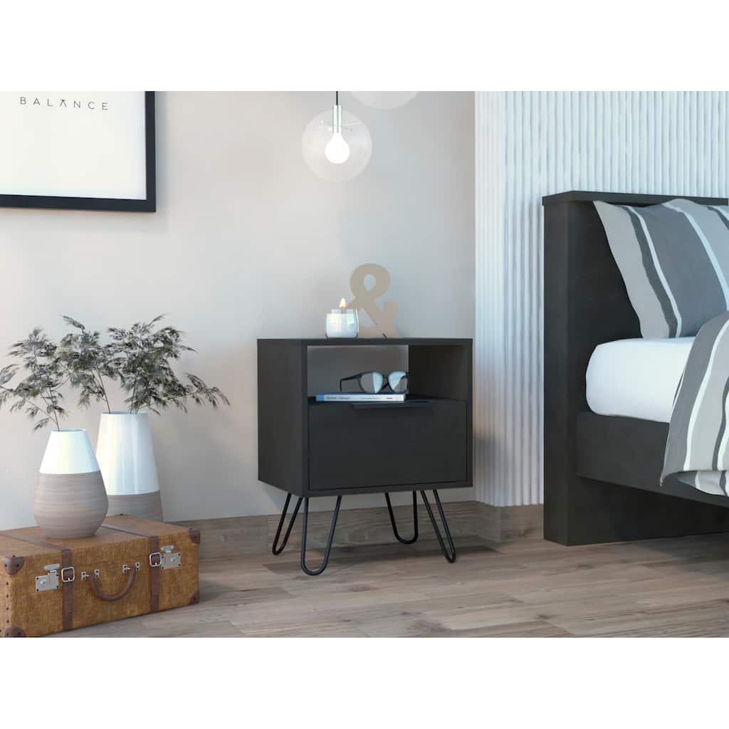 Modern Nightstand with Shelf and Drawer, Wengue Finish, Hairpin Legs