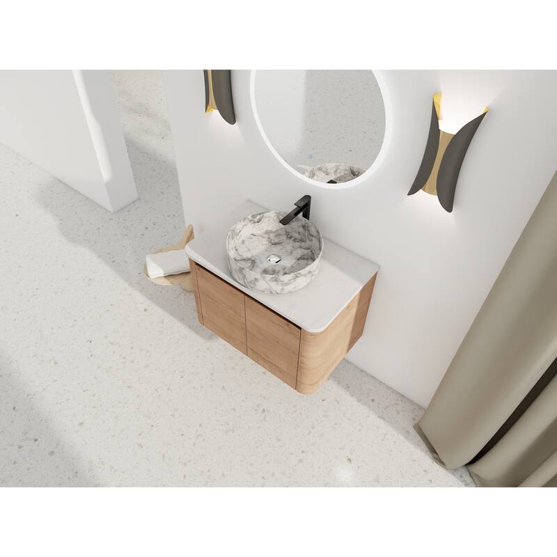 30'' Wall-Mounted Bathroom Vanity With Ceramic Art Sink & 2-Soft-Close Door, KD-Packing, Plywood