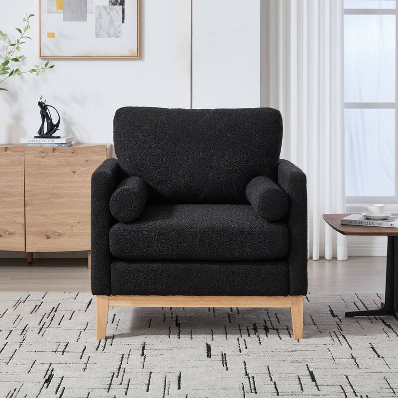 Roomfitters Boucle Accent Chair, Modern Farmhouse Armchair with Natural Wood Base and Bolster Pillows for Living Room or Office