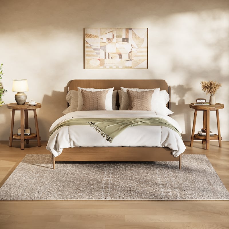 Round Side Table, Solid Wood 2 Tier End Table for Living Room