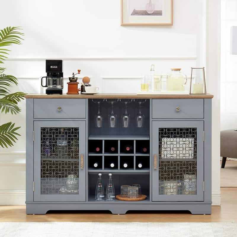 Sideboard with 2 Drawers and Elegant Glass Door Cabinets - Light Blue