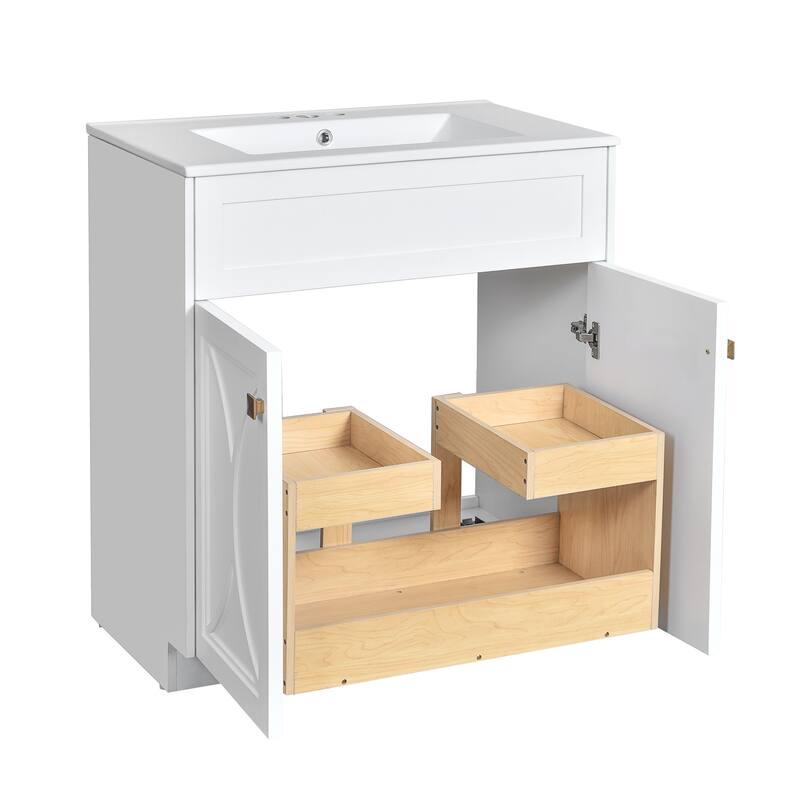 60"Bathroom Vanity with Ceramic Sink Combo, Modern Freestanding Storage Cabinet with Gold Handles, Soft Closing Doors