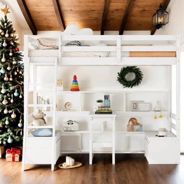 slide 2 of 12, Modern Twin Loft Bed with Desk,Storage Shelves & Drawers,Kids Bed Design White