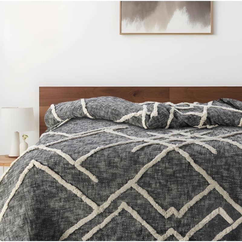 Charcoal and Off White Geometric Queen Cotton Coverlet With Fringe - Charcoal and Ivory - Queen