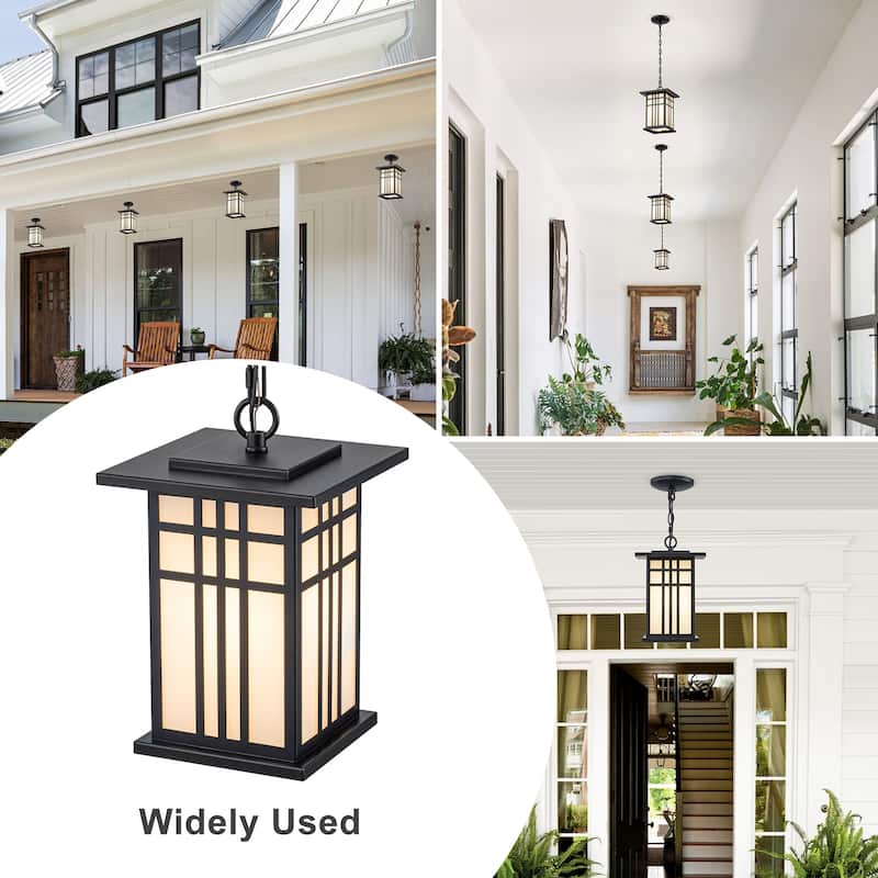 Black Outdoor Pendant Light with White Glass Porch Ceiling Fixture - Dia.7.48-in