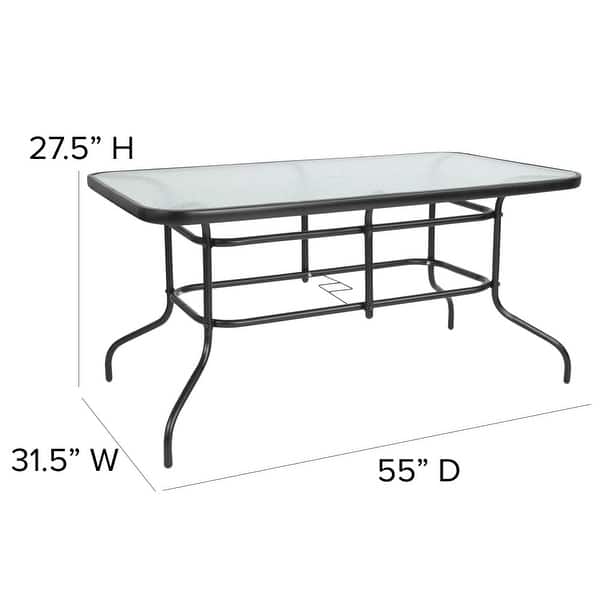 dimension image slide 1 of 3, Rectangular Glass Metal Patio Table with Umbrella Hole