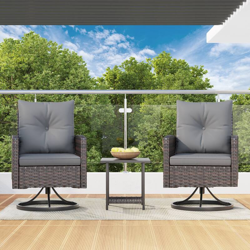 Outdoor Swivel Rocker Patio Chairs Set of 2 with Coffee Table &Cushions, Rattan Bistro Set for Porch, Backyard, Balcony - PE Rattan Arm - Grey